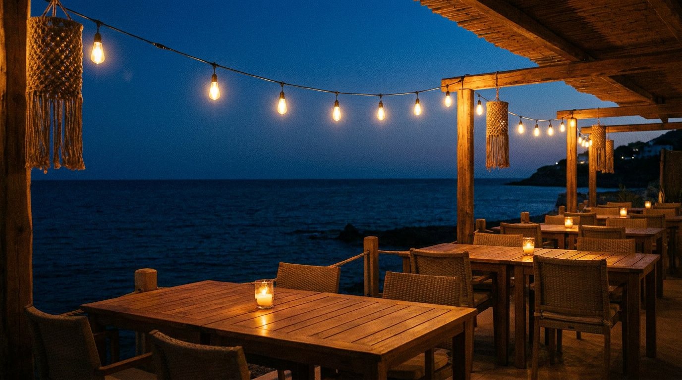 Terraza de un restaurante junto al mar en Mallorca, con su ficha de Google encima
