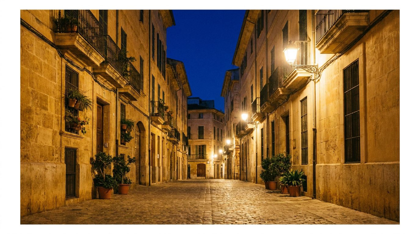 Calle del casco antiguo de un pueblo de Mallorca de noche, con las luces cálidas de los negocios