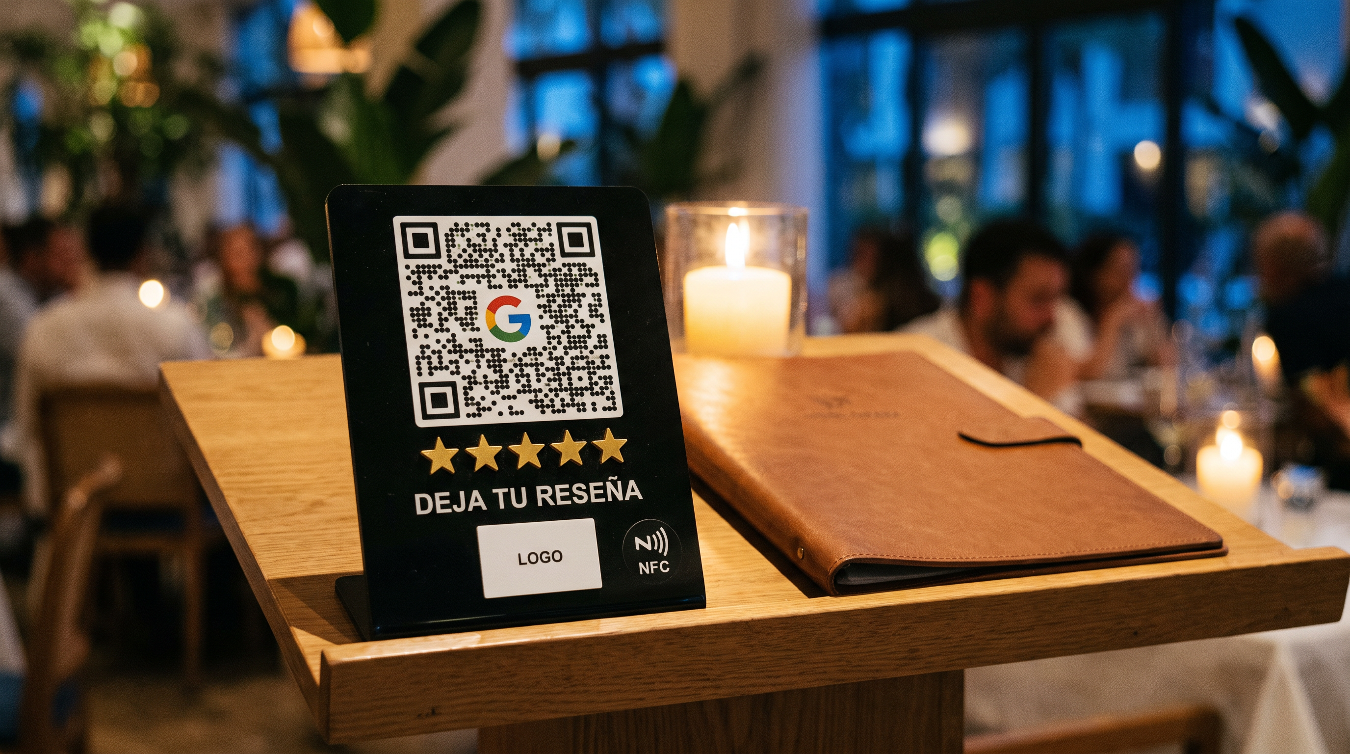 Mostrador de restaurante en Mallorca con la placa de reseñas