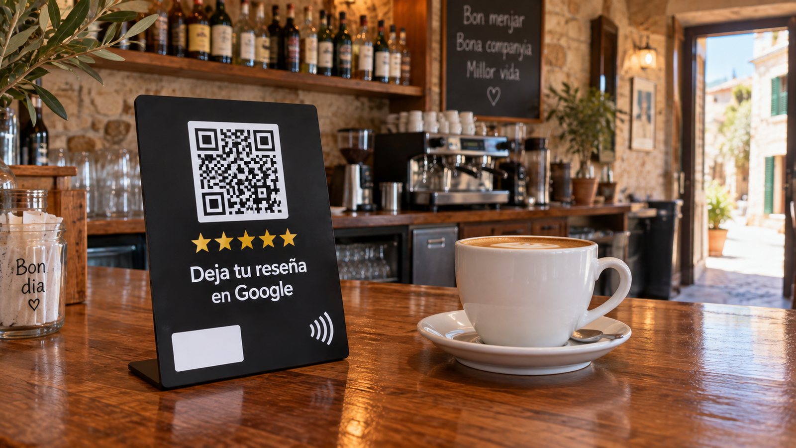 Placa de reseñas de Google sobre la barra de un café de pueblo en Mallorca
