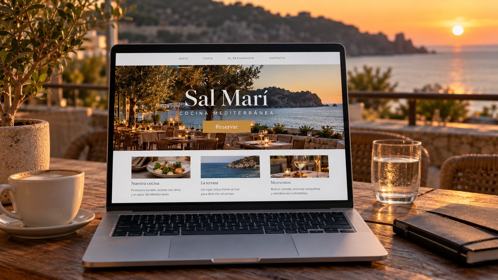 Un portátil en una terraza junto al mar mostrando la web del restaurante Sal Marí